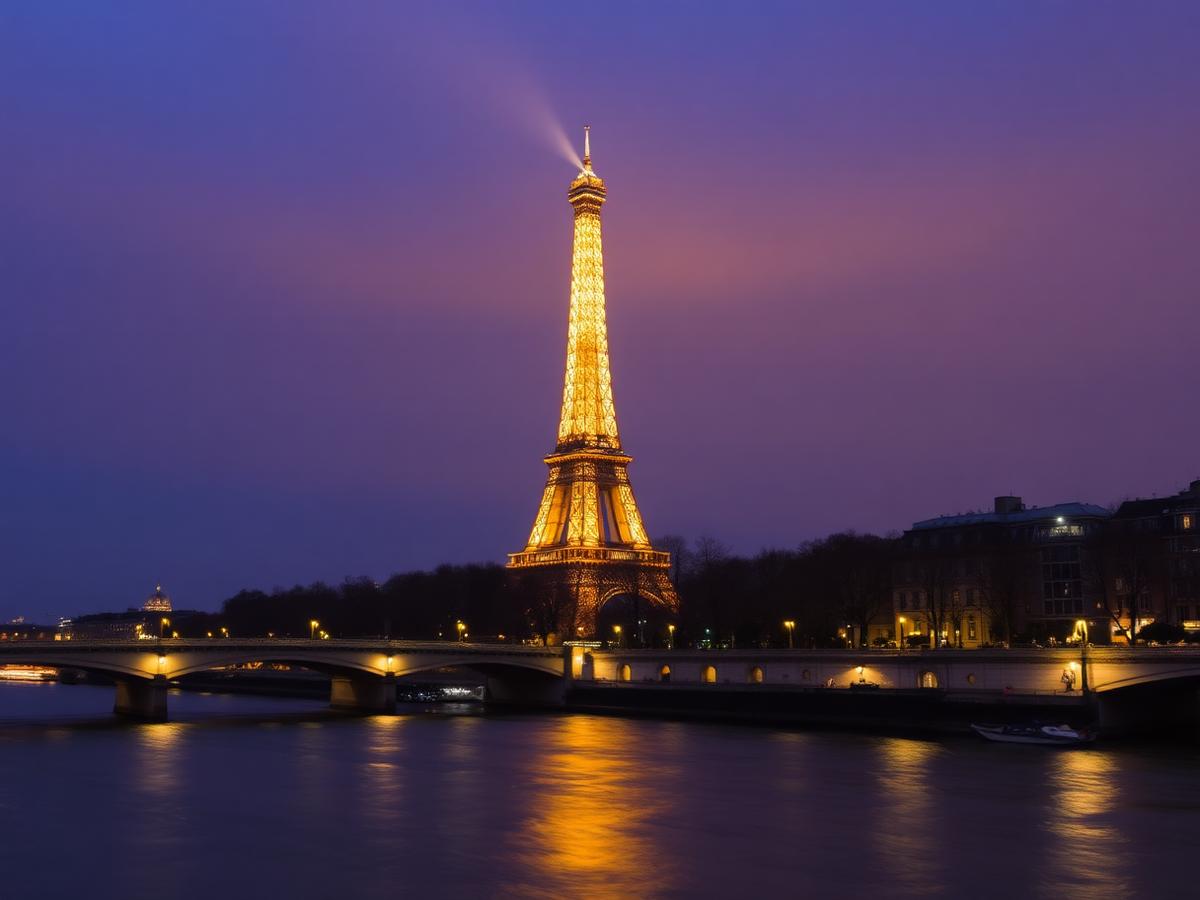 Torre Eiffel iluminada sobre el Sena al anochecer